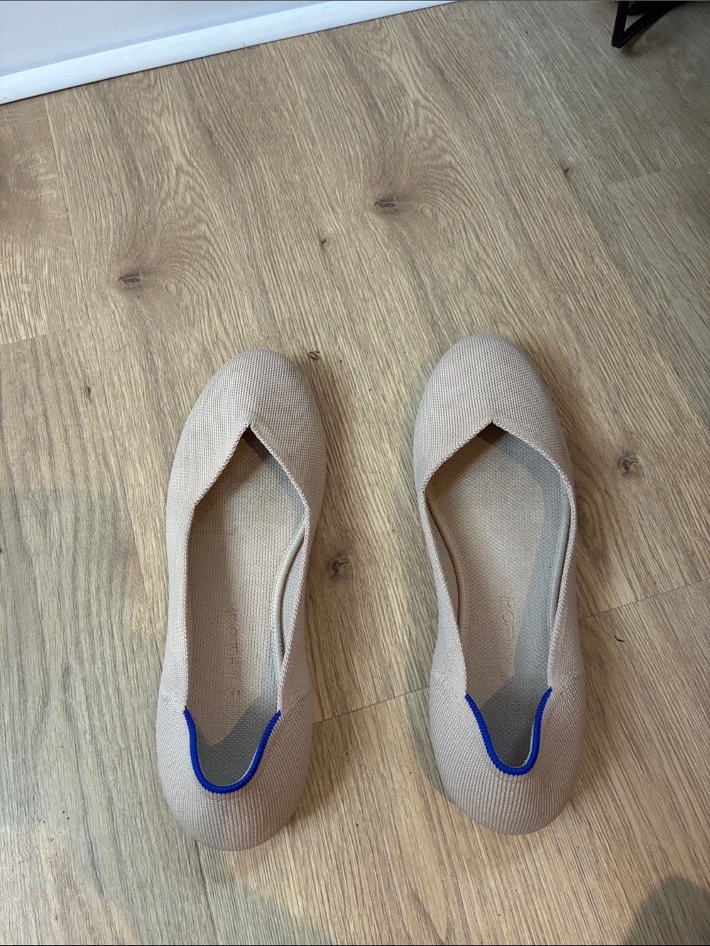 Rothy's Beige Knit Ballet Flats with Blue Heel Accent